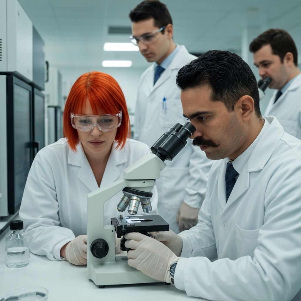 Scientists working in a laboratory with microscope and research equipment